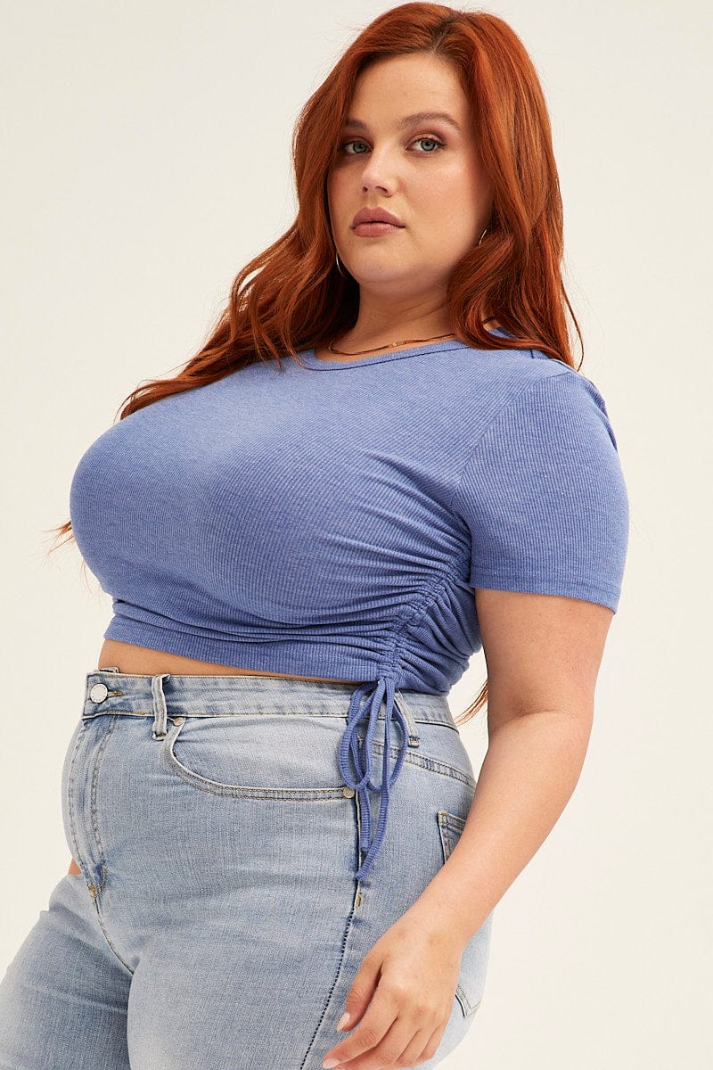 Mid Blue Drawstring Side Rib Jersey Short Sleeve Top