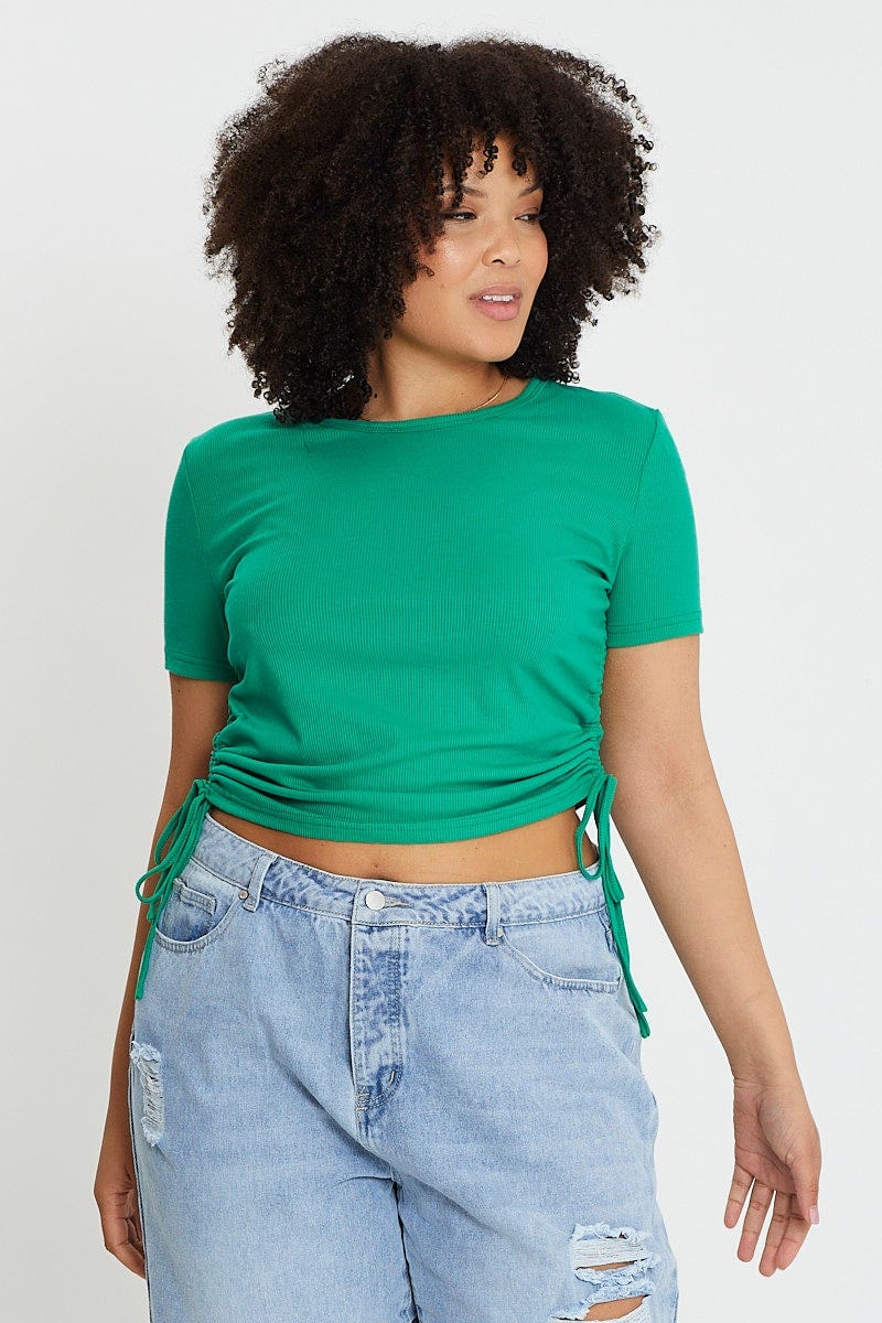 Green Short Sleeve Green Jersey Drawstring Side Top for Women by You and All