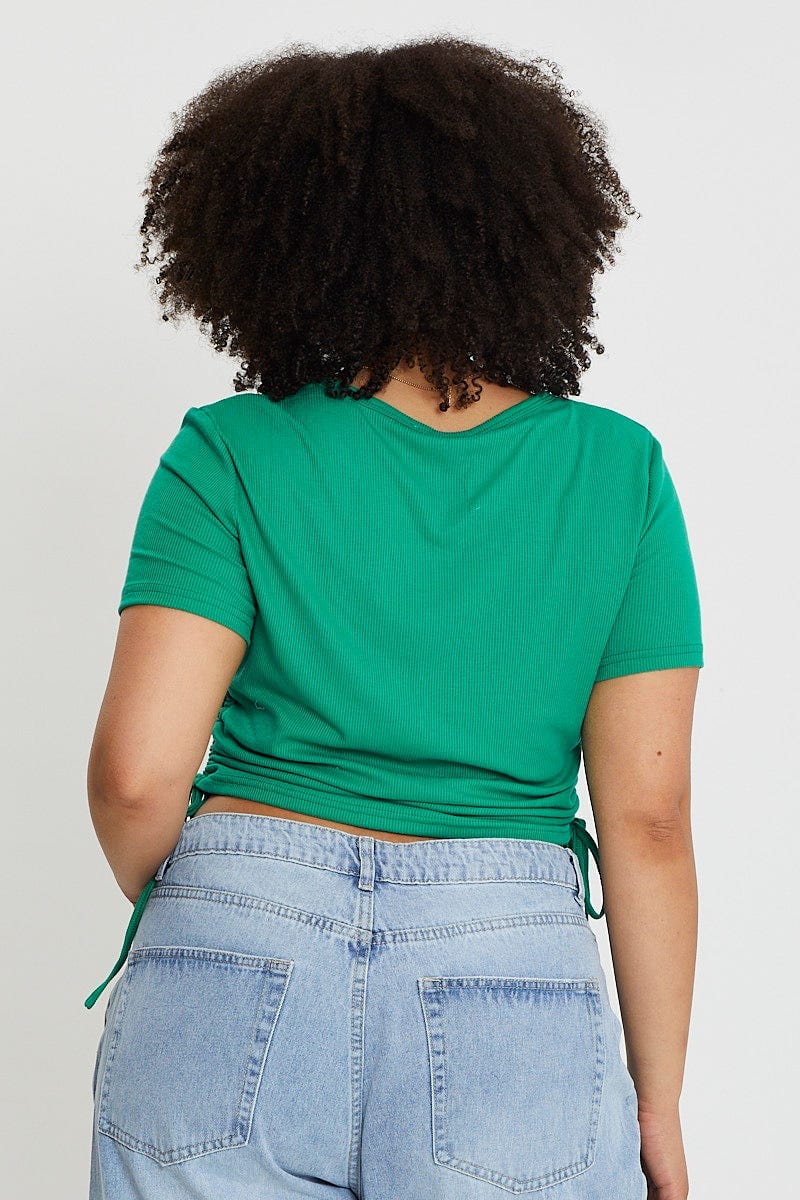 Plus Size Green Short Sleeve Green Jersey Drawstring Side Top |You ...