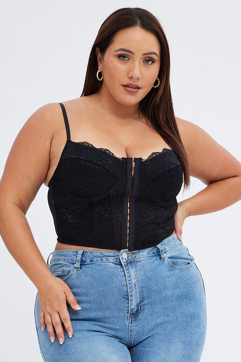 Black Corset Top Lace Strappy Stretch Hook And Eye