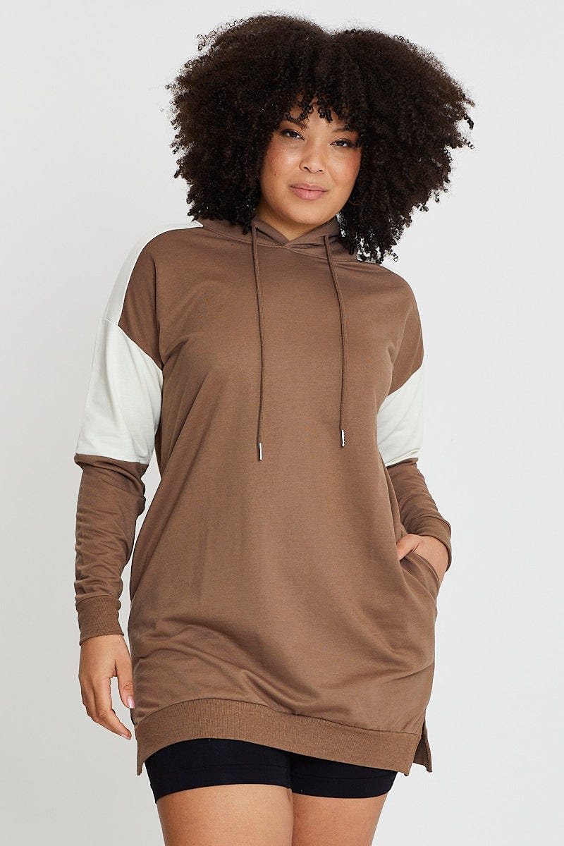 Brown Fleece Hoodie Splice Long Sleeve For Women By You And All