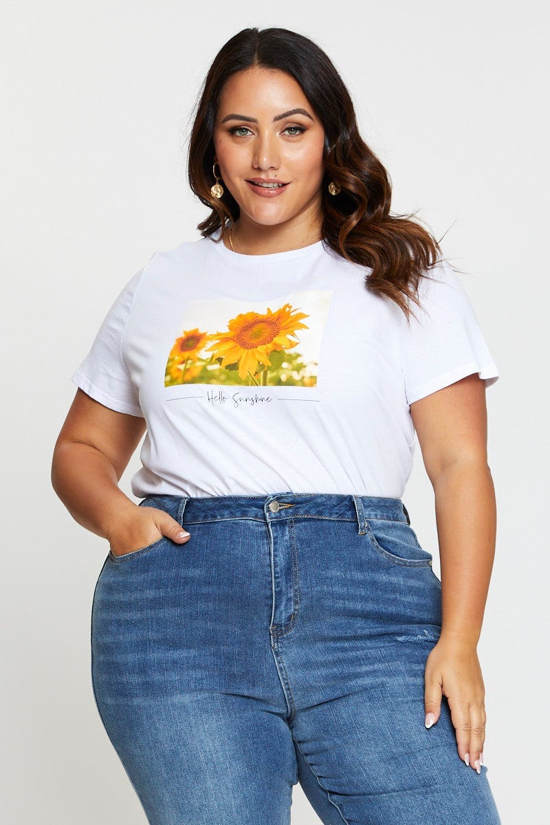 White T-Shirt Sunflower Crew Neck Short Sleeve Cotton For Women By You And All