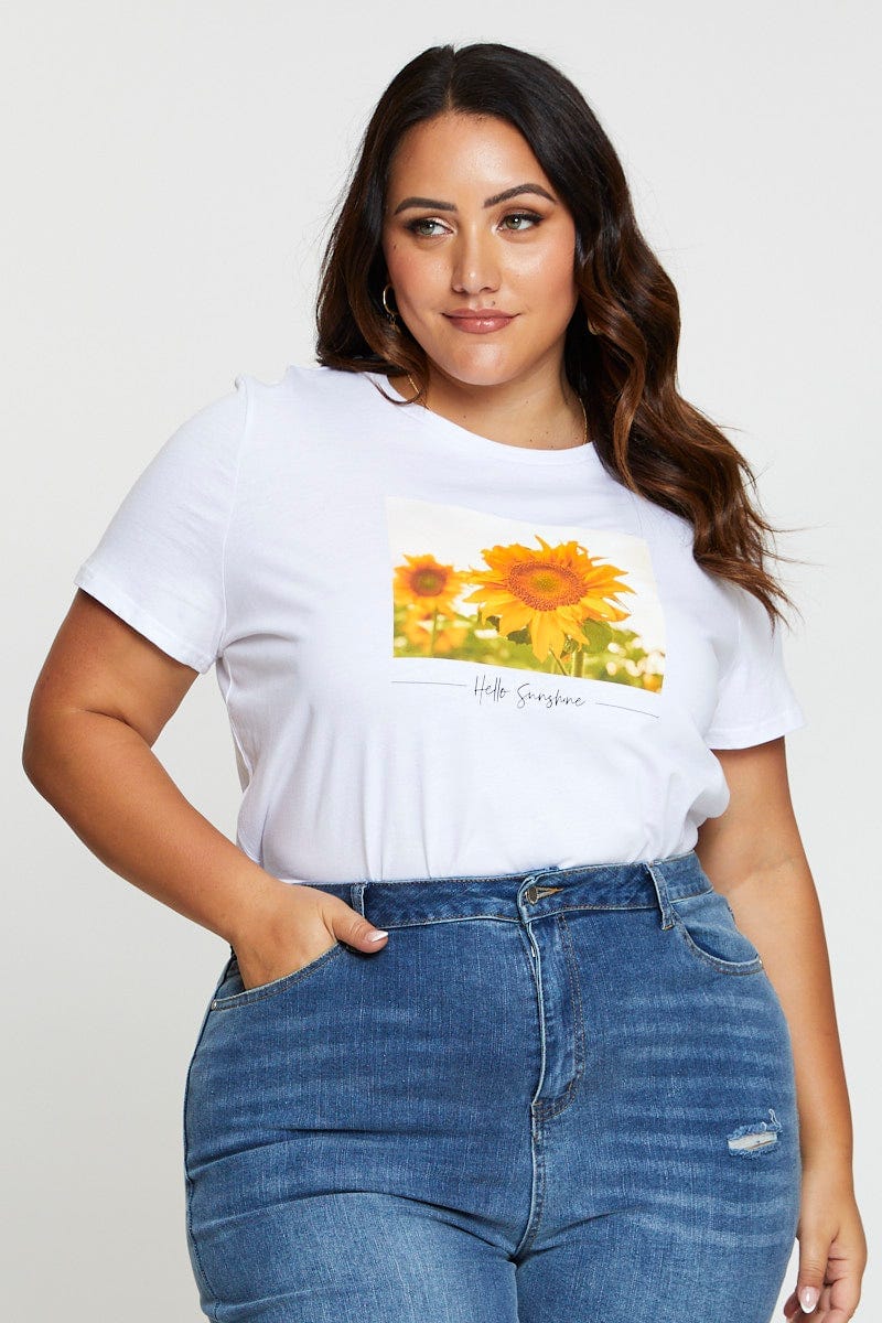 White T-Shirt Sunflower Crew Neck Short Sleeve Cotton For Women By You And All