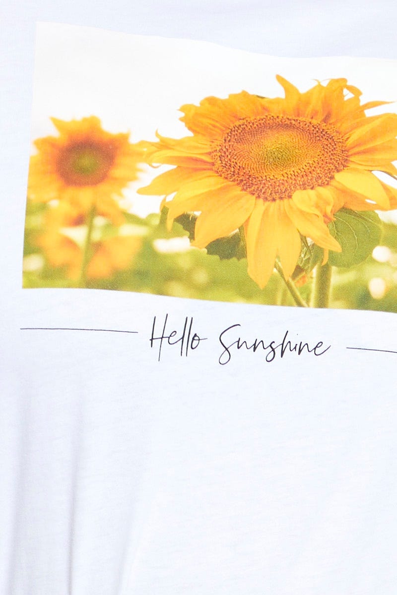 White T-Shirt Sunflower Crew Neck Short Sleeve Cotton For Women By You And All