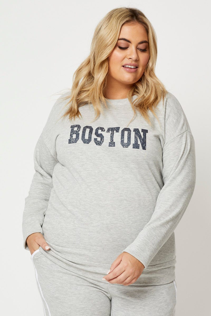 Grey Fleece Sweatshirt Boston Long Sleeve Longline For Women By You And All