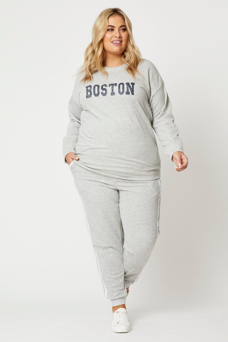 Grey Fleece Sweatshirt Boston Long Sleeve Longline For Women By You And All