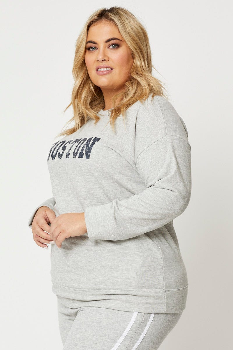 Grey Fleece Sweatshirt Boston Long Sleeve Longline For Women By You And All