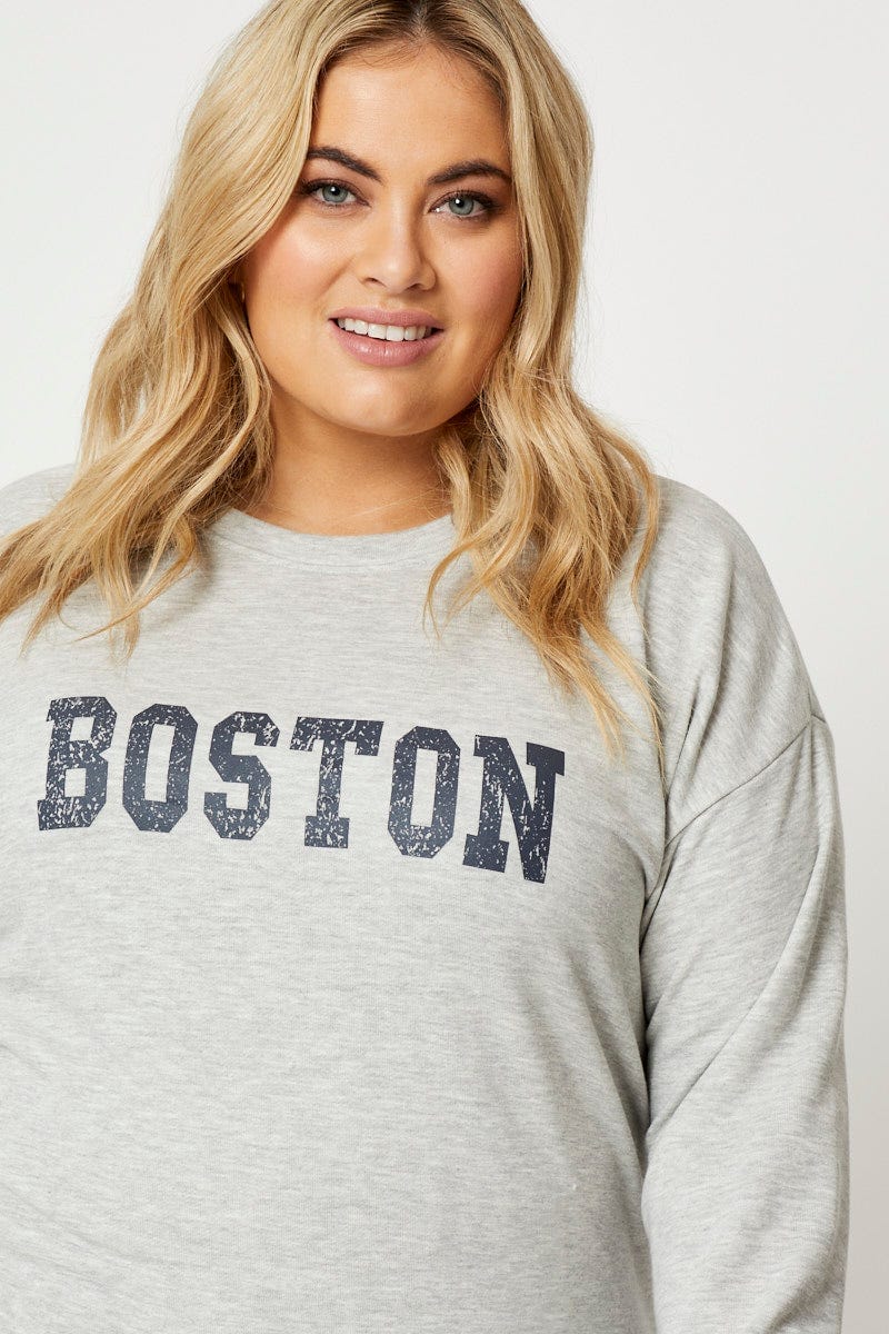 Grey Fleece Sweatshirt Boston Long Sleeve Longline For Women By You And All