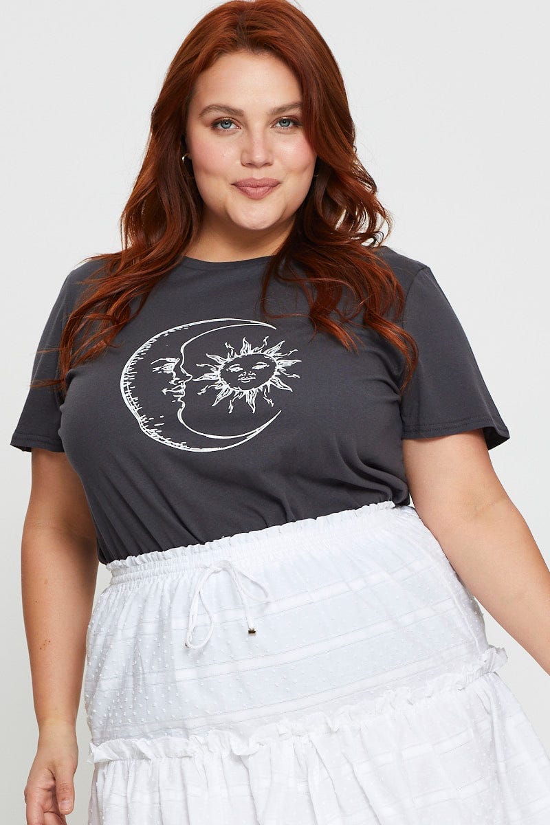 Charcoal Plus Sun And Moon Graphic T-Shirt For Women By You And All