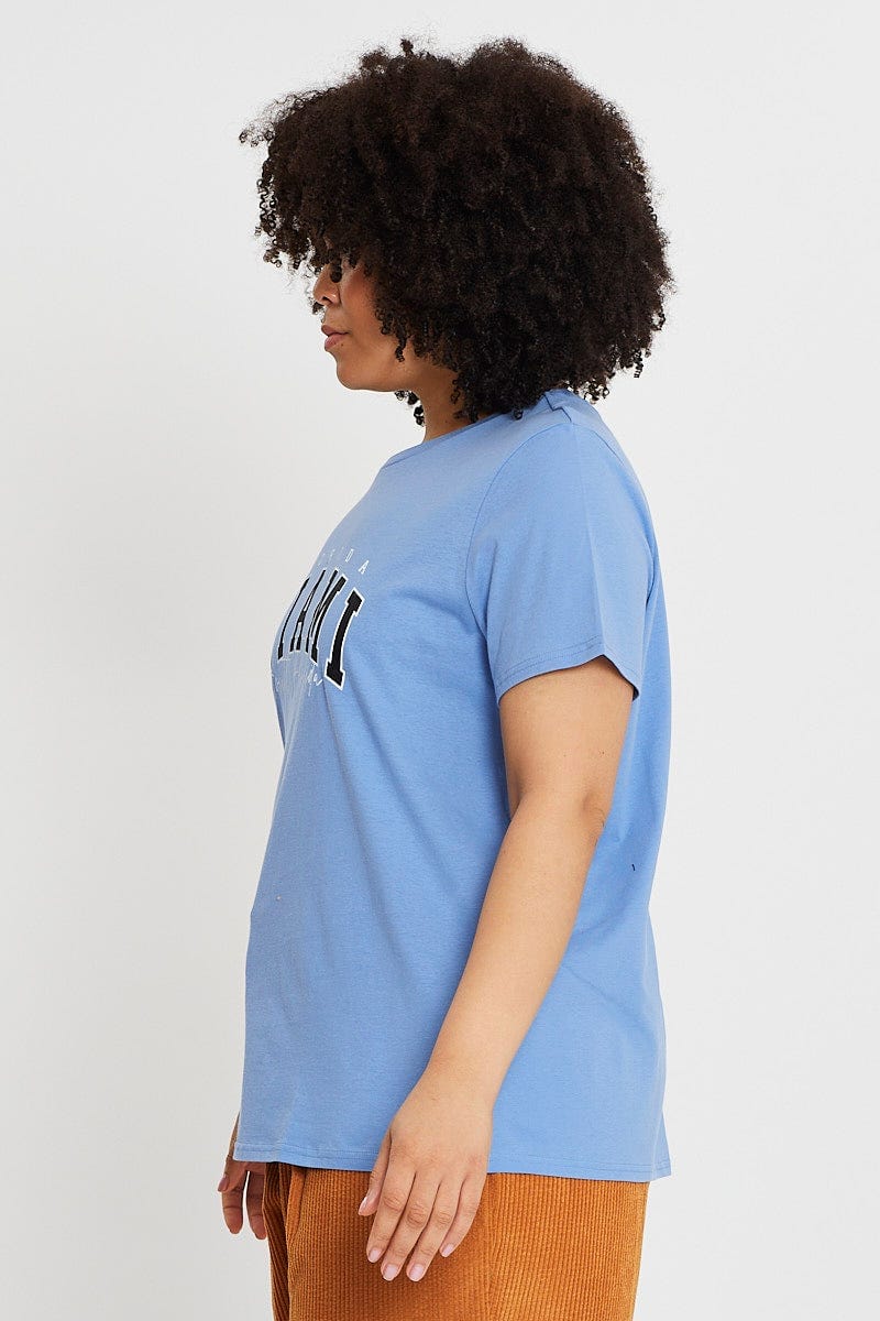 Blue Graphic T-Shirt Short Sleeve Cotton For Women By You And All