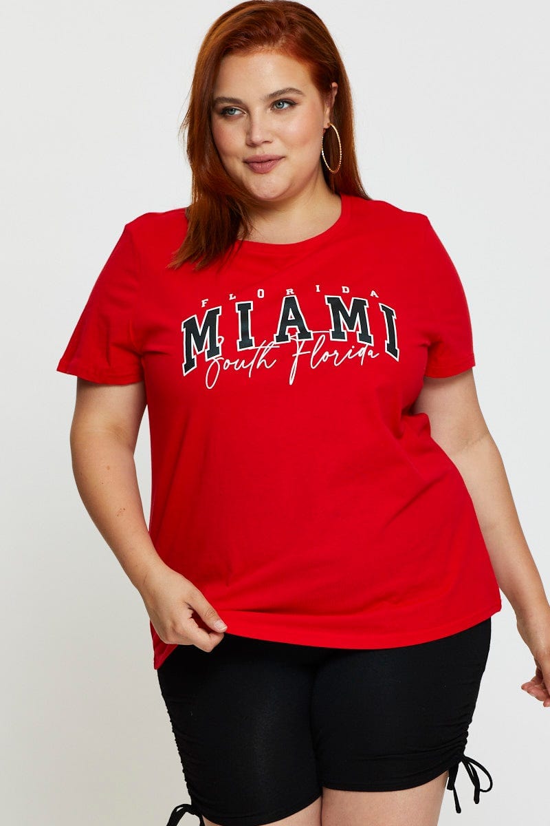 Red Graphic T-Shirt Short Sleeve Cotton For Women By You And All