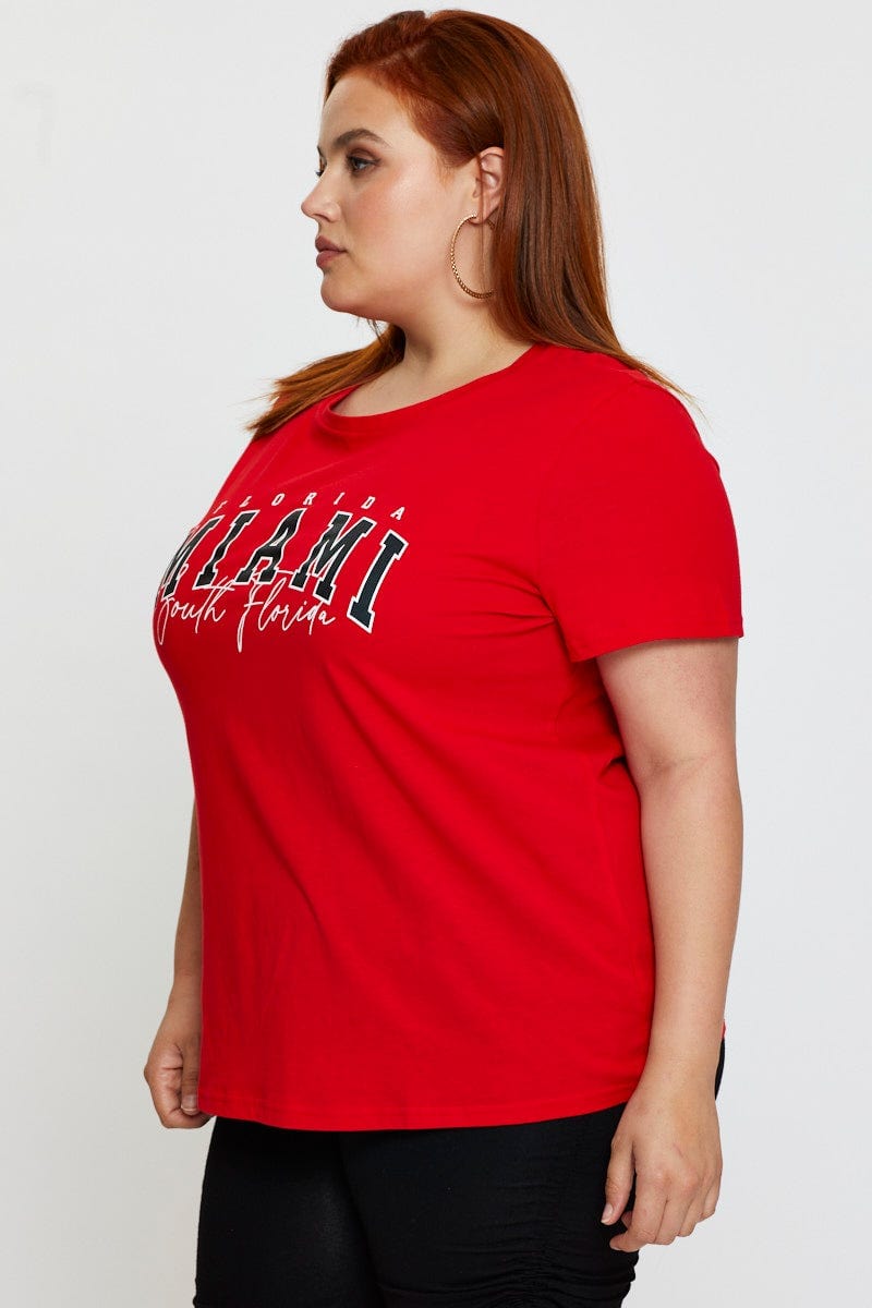 Red Graphic T-Shirt Short Sleeve Cotton For Women By You And All