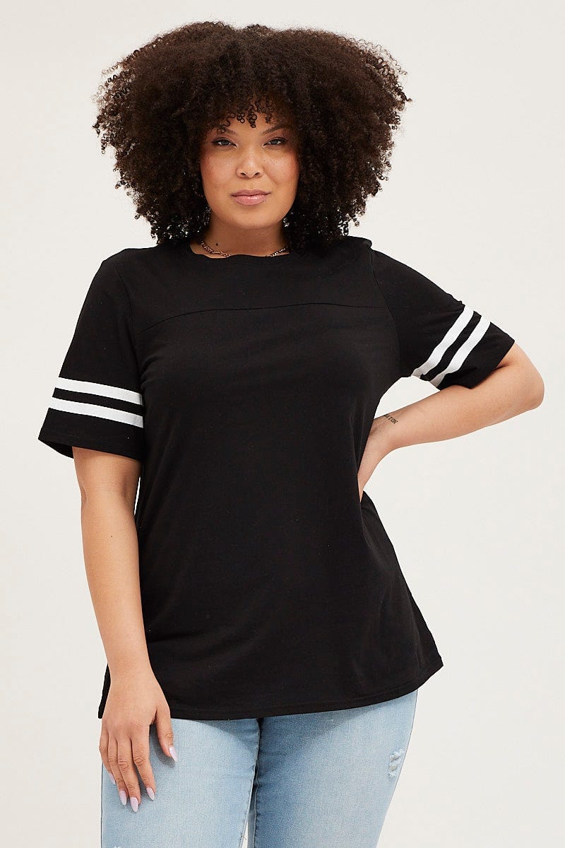 Black Short Sleeve Varsity T Shirt For Women By You And All