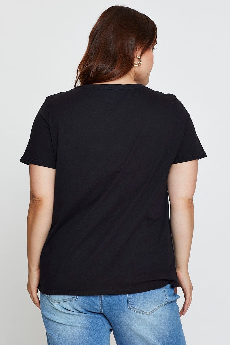 Black Graphic T-Shirt Short Sleeve Cotton For Women By You And All