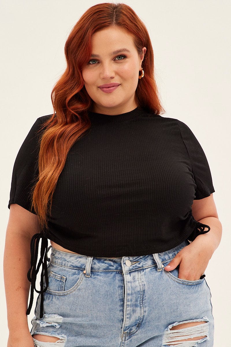 Black Drawstring Top Short Sleeve Rib Jersey | You & All
