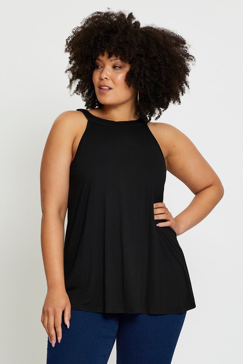 Black Tank Top High Neck Sleeveless Racer Cut For Women By You And All