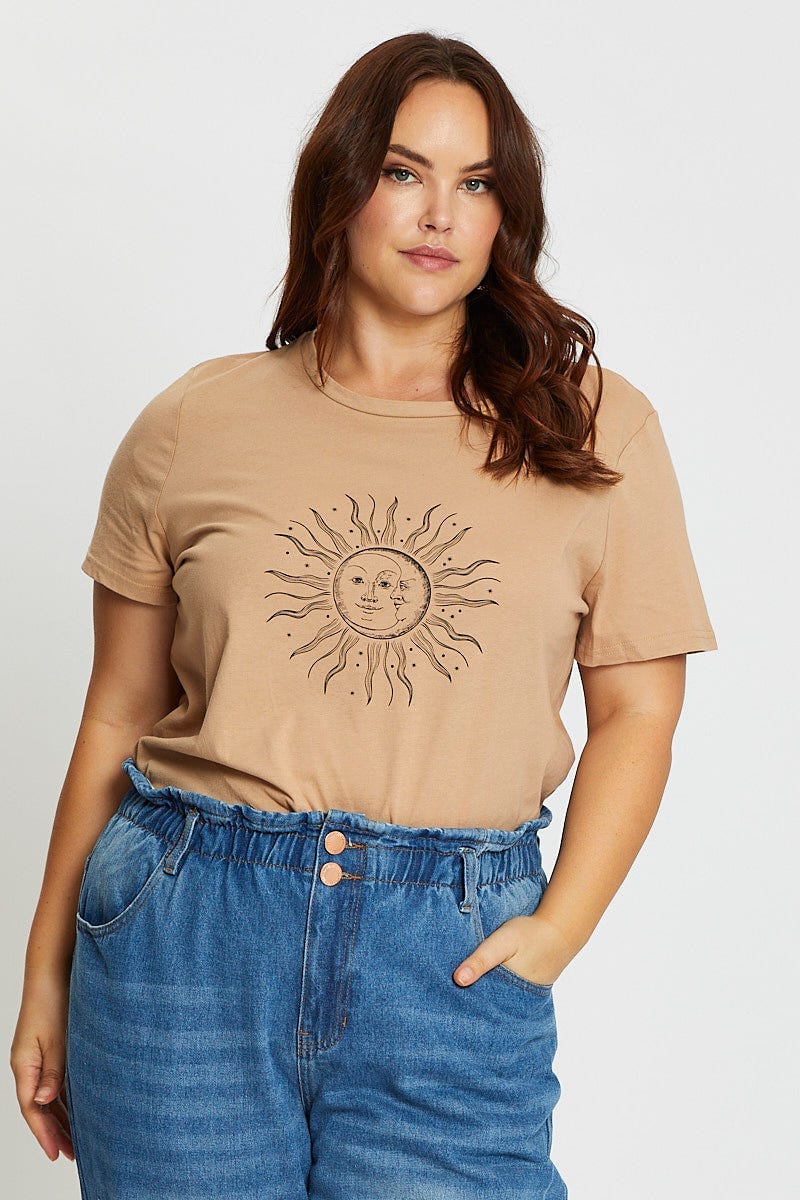 Brown Short Sleeve Graphic Print Sun T Shirt For Women By You And All