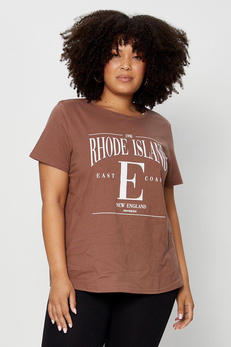 Brown Graphic T-Shirt Crew Neck For Women By You And All