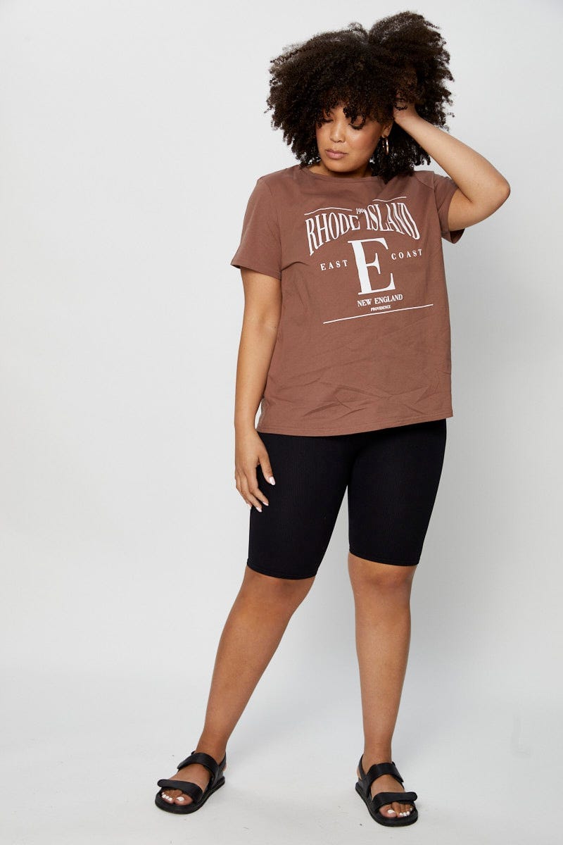Brown Graphic T-Shirt Crew Neck For Women By You And All