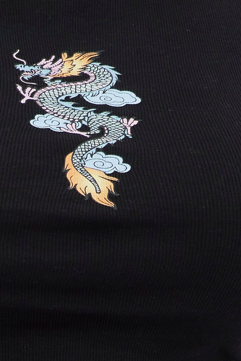 Black Crop Top Dragon Print Rib Short Sleeve for YouandAll Fashion
