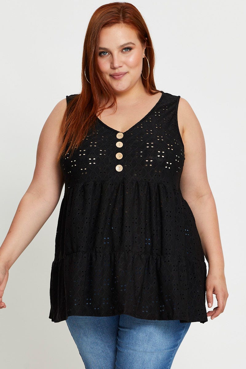 Black Tank Top Button Front Smock Jersey for Women by You and All