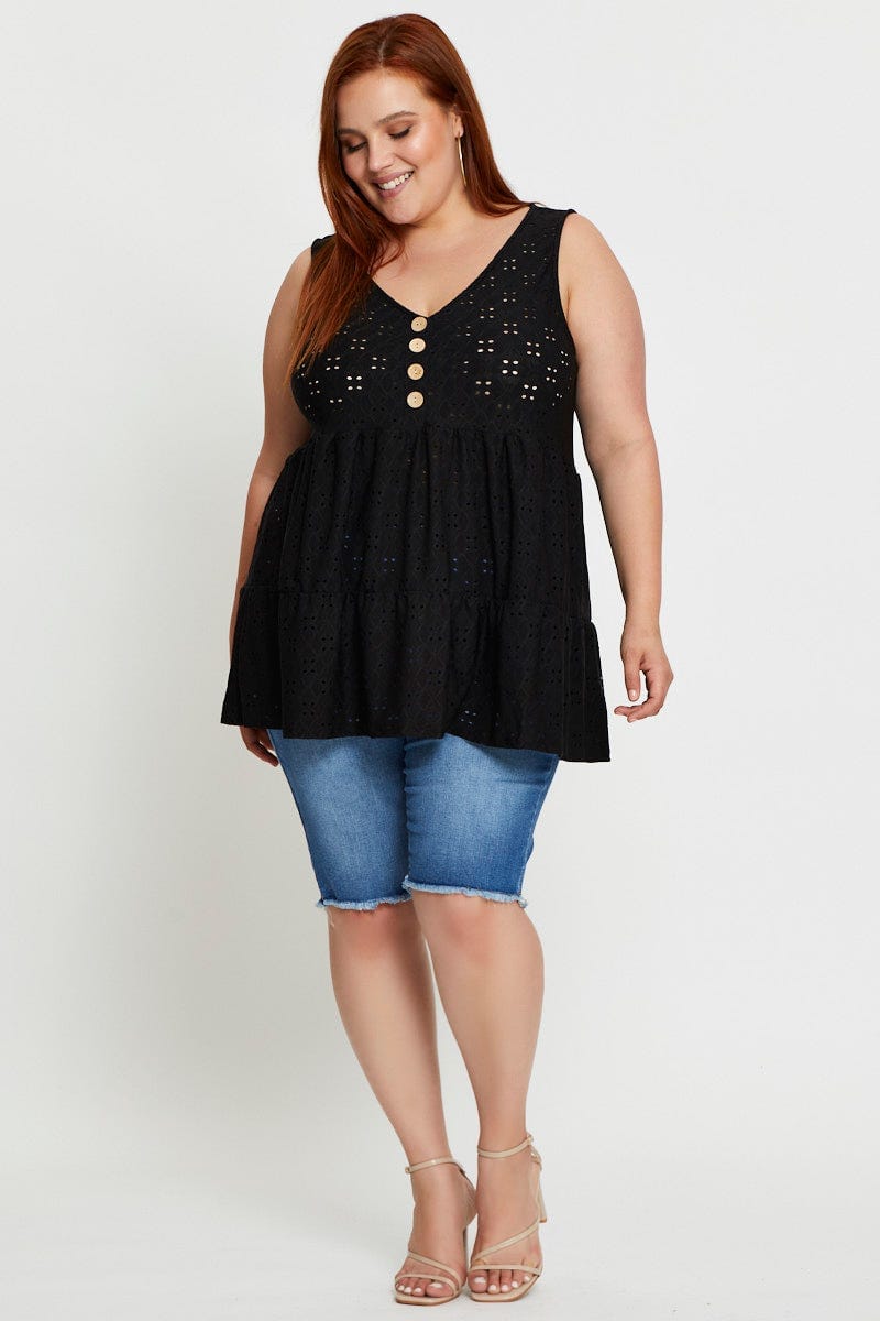 Black Tank Top Button Front Smock Jersey for Women by You and All