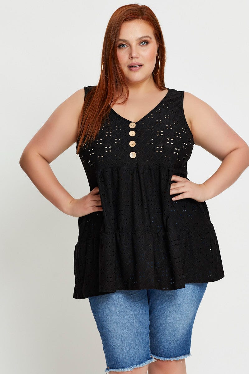 Black Tank Top Button Front Smock Jersey for Women by You and All