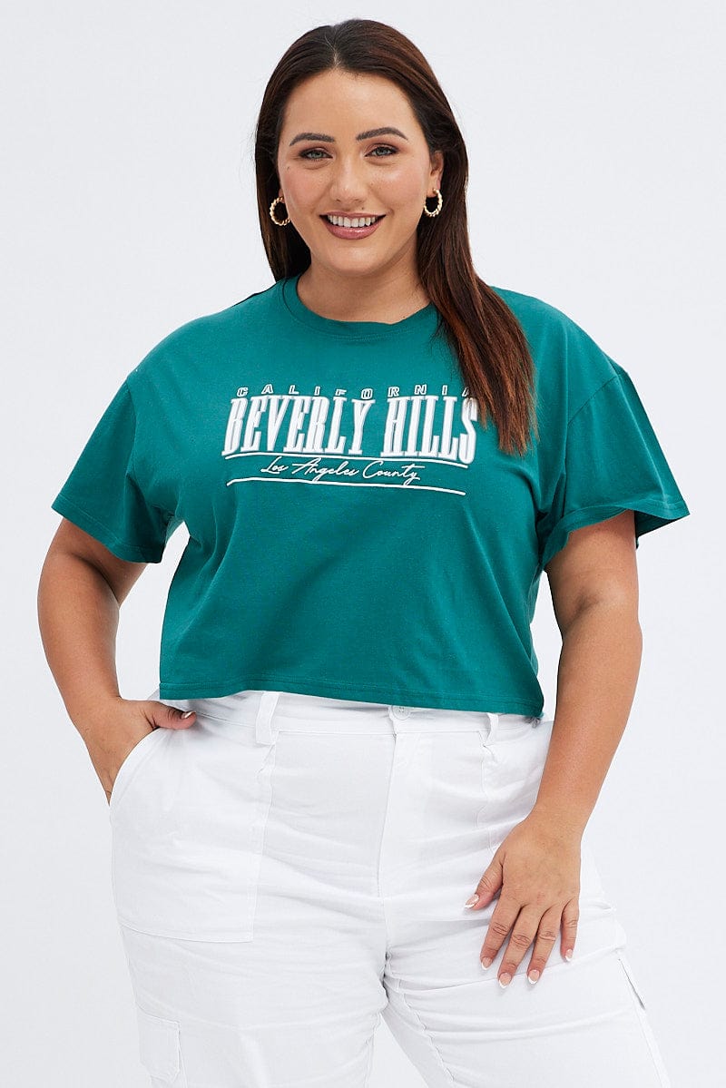 Green Graphic T-Shirt Beverly Hills Puff And Embroidered for YouandAll Fashion