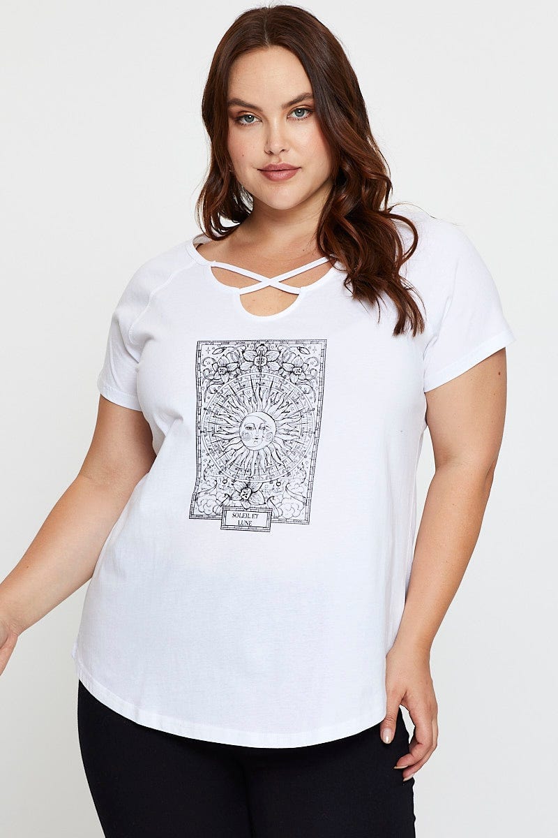 White Cotton T-Shirt Lattice Front Raglan Sleeve For Women By You And All