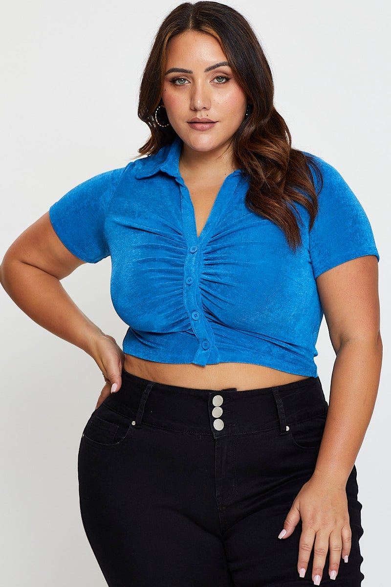 Mid Blue Ruched Shirt Short Sleeve Slinky Jersey for Women by You and All