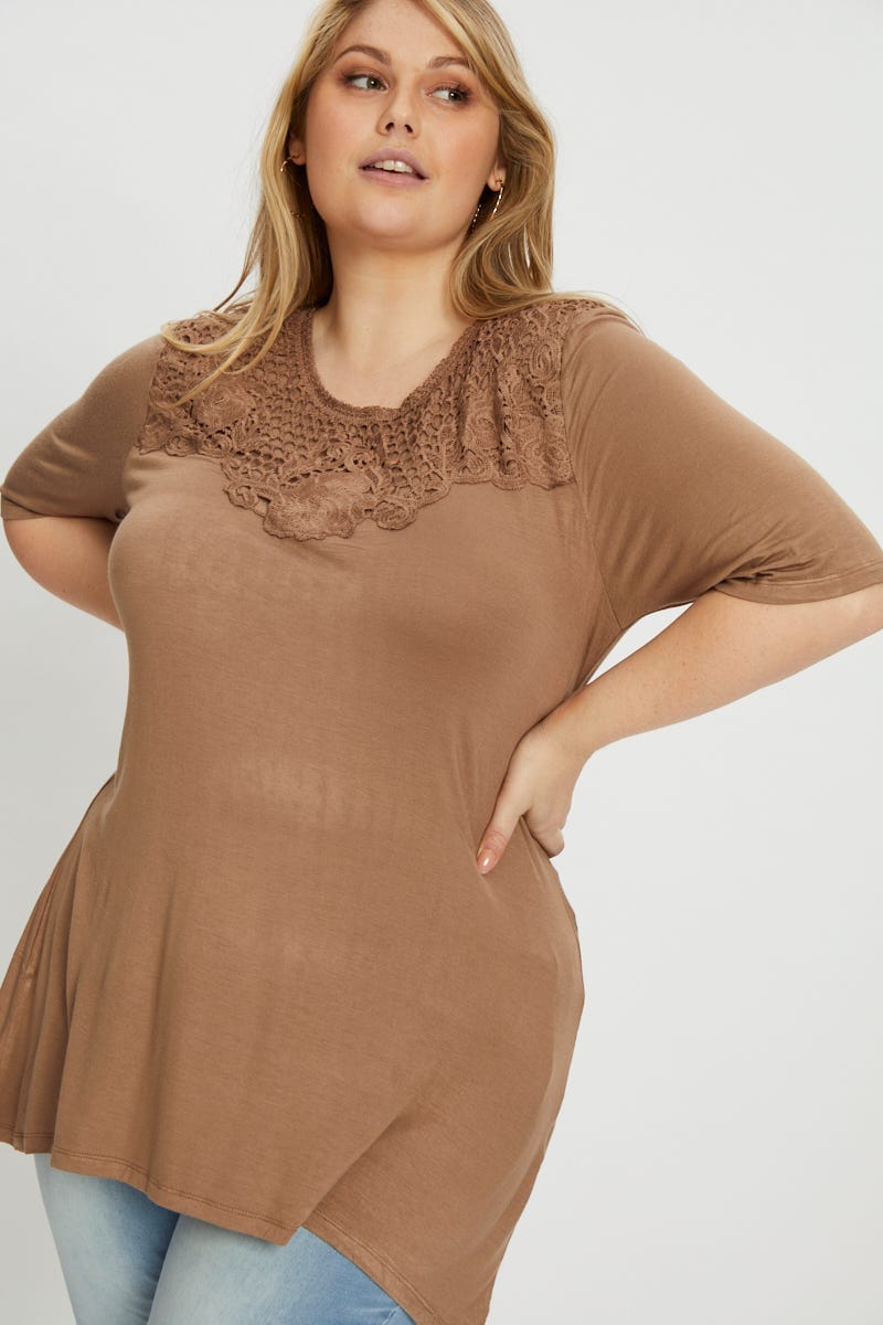 Brown Plus Mid Length Sleeve Crochet Neck Trim Top for Women by You and All