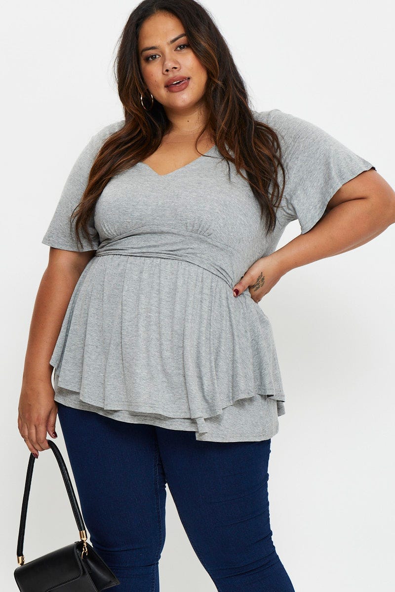 Grey Layered Top V-Neck Flutter Sleeve For Women By You And All