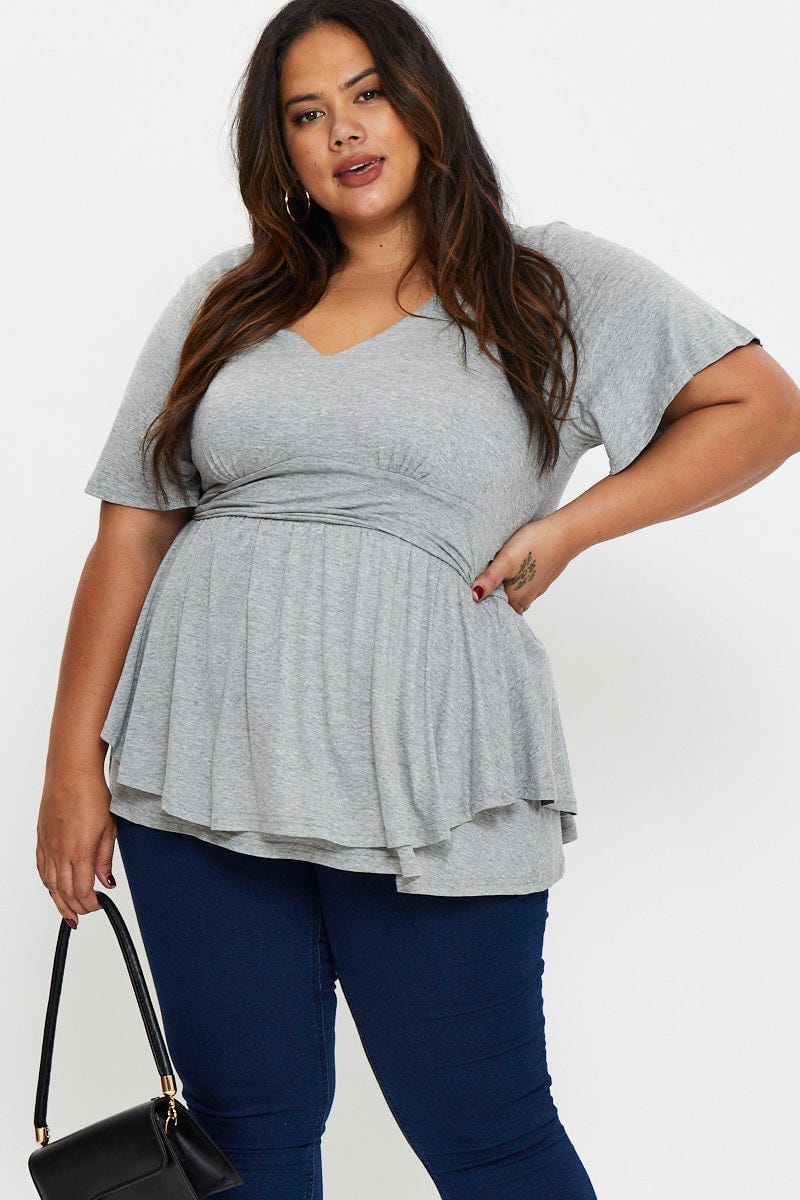 Plus Size Grey Layered Top V-Neck Flutter Sleeve | You + All | Shop ...