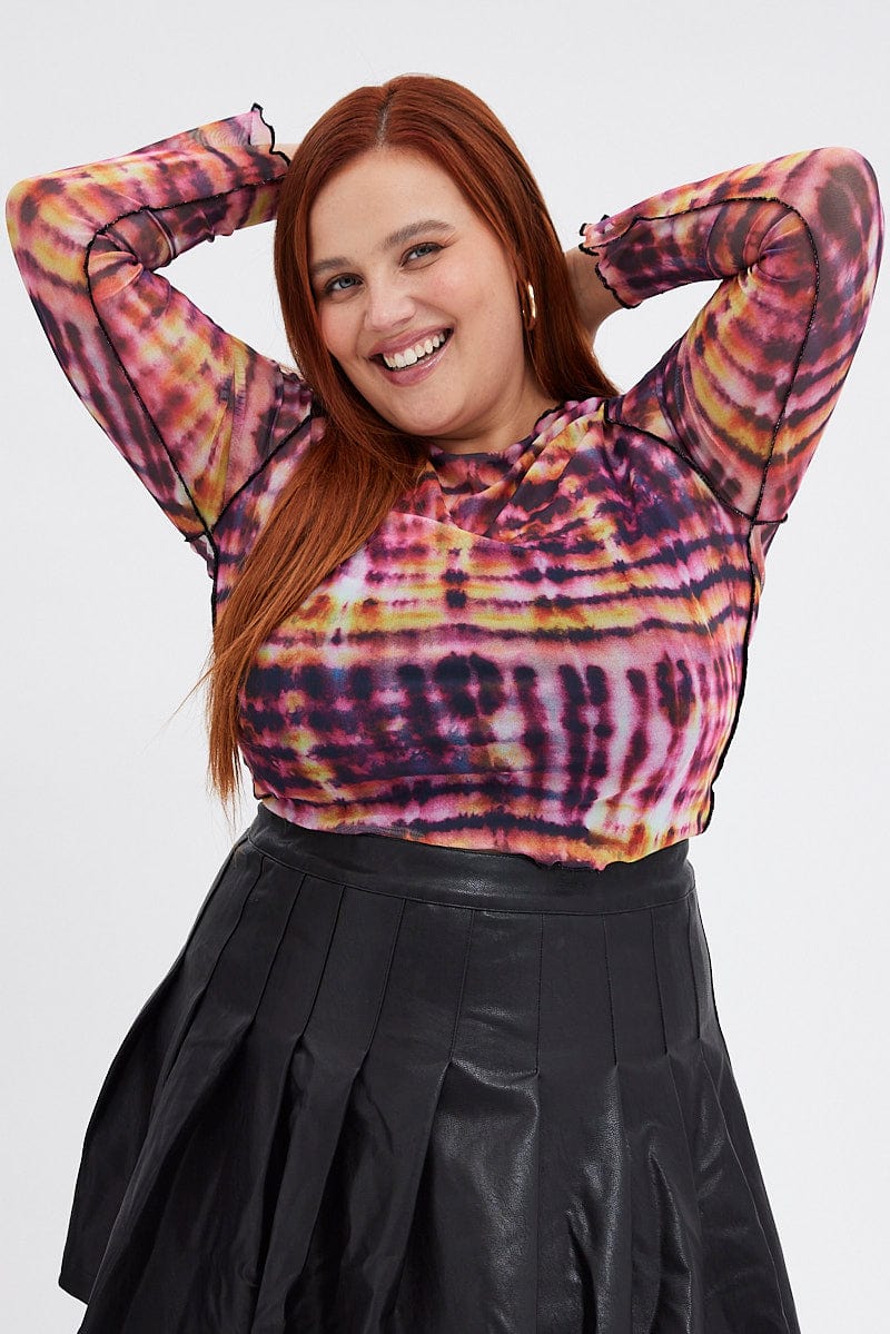 Pink Abstract Mesh Top Abstract Diagonal Hem | You & All