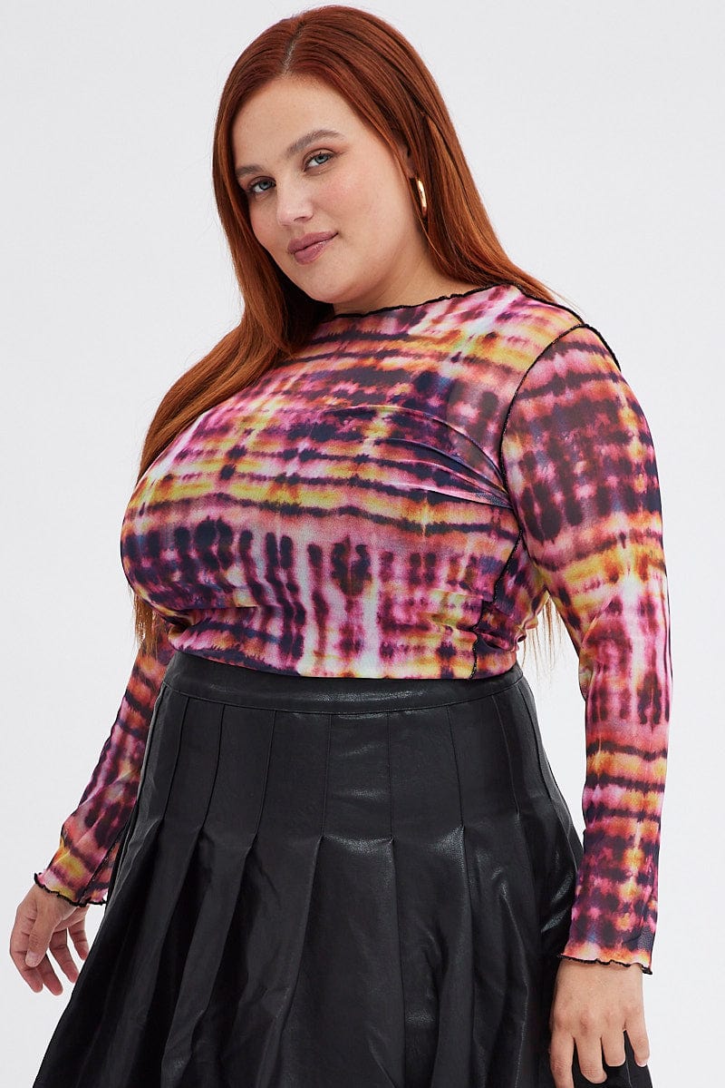 Pink Abstract Mesh Top Abstract Diagonal Hem | You & All