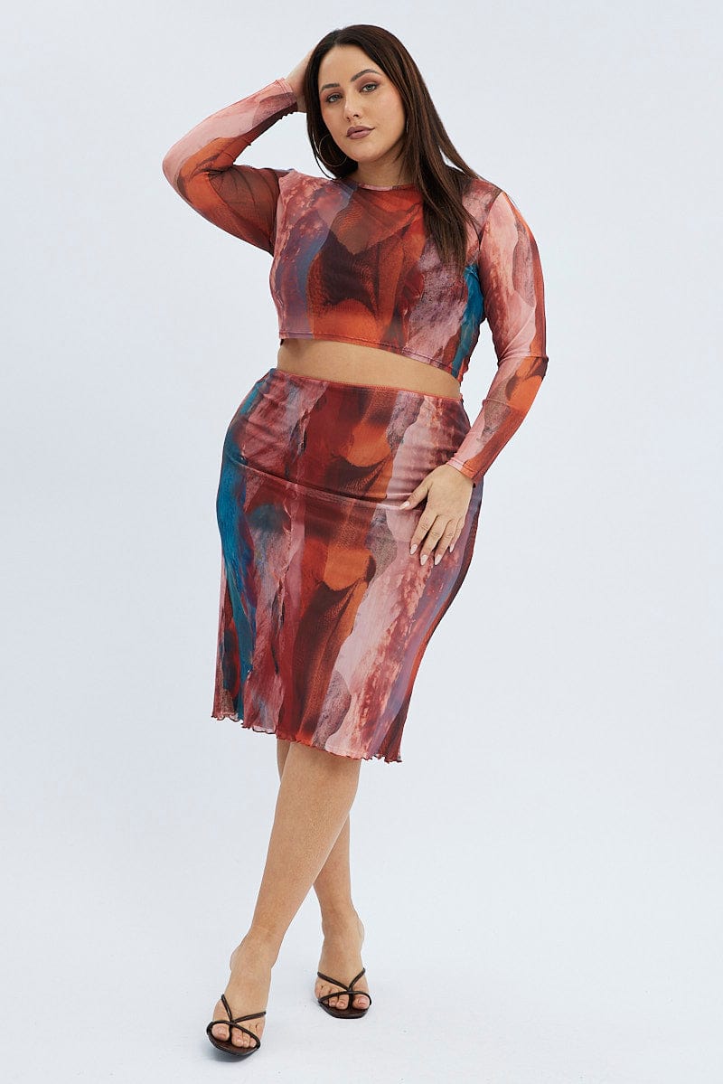 Multi Abstract Mesh Top Long Sleeve Landscape Round Neck | You & All