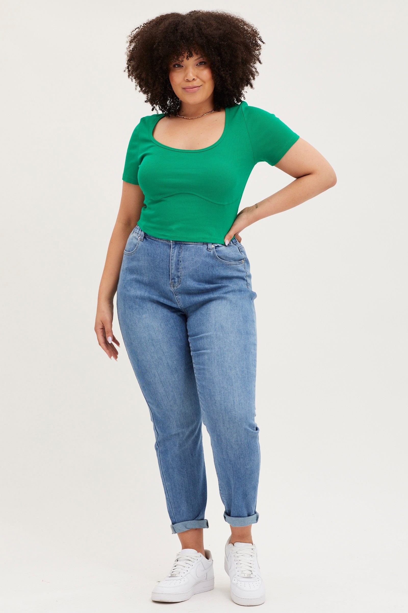 Green Scoop Neck Short Sleeve Underseam T-Shirt for Women by You and All