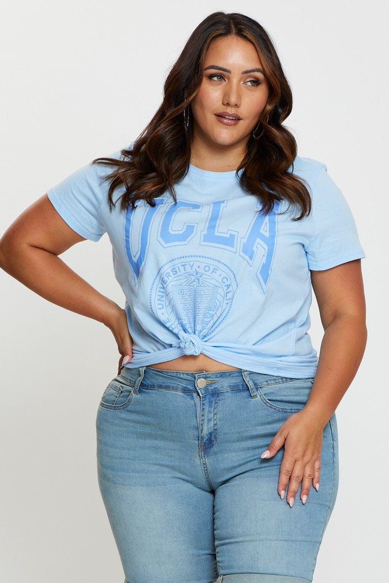 Pale Blue Graphic T-Shirt Collegiate Short Sleeve Cotton for Women by You and All