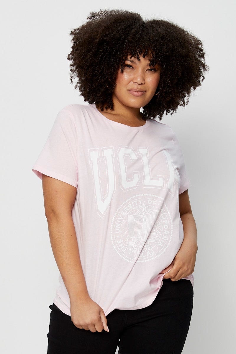 Pink Graphic T-Shirt Collegiate Short Sleeve Cotton For Women By You And All