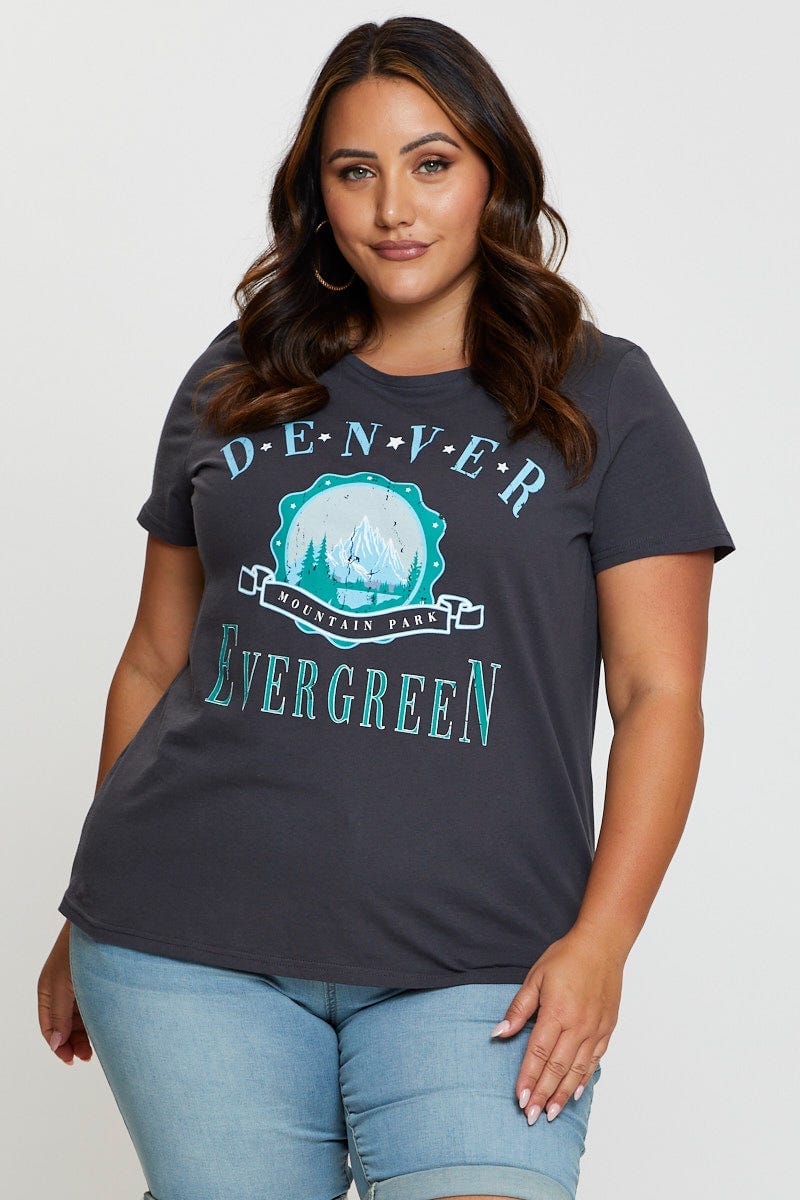 Grey Graphic T-Shirt Denver Short Sleeve Cotton For Women By You And All