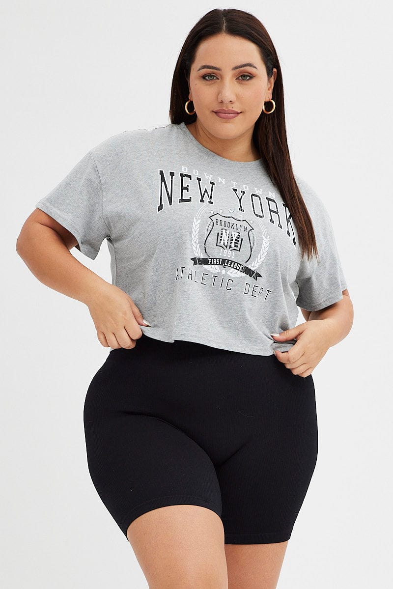 Grey Graphic T-Shirt New York Print Crop Short Sleeve for YouandAll Fashion