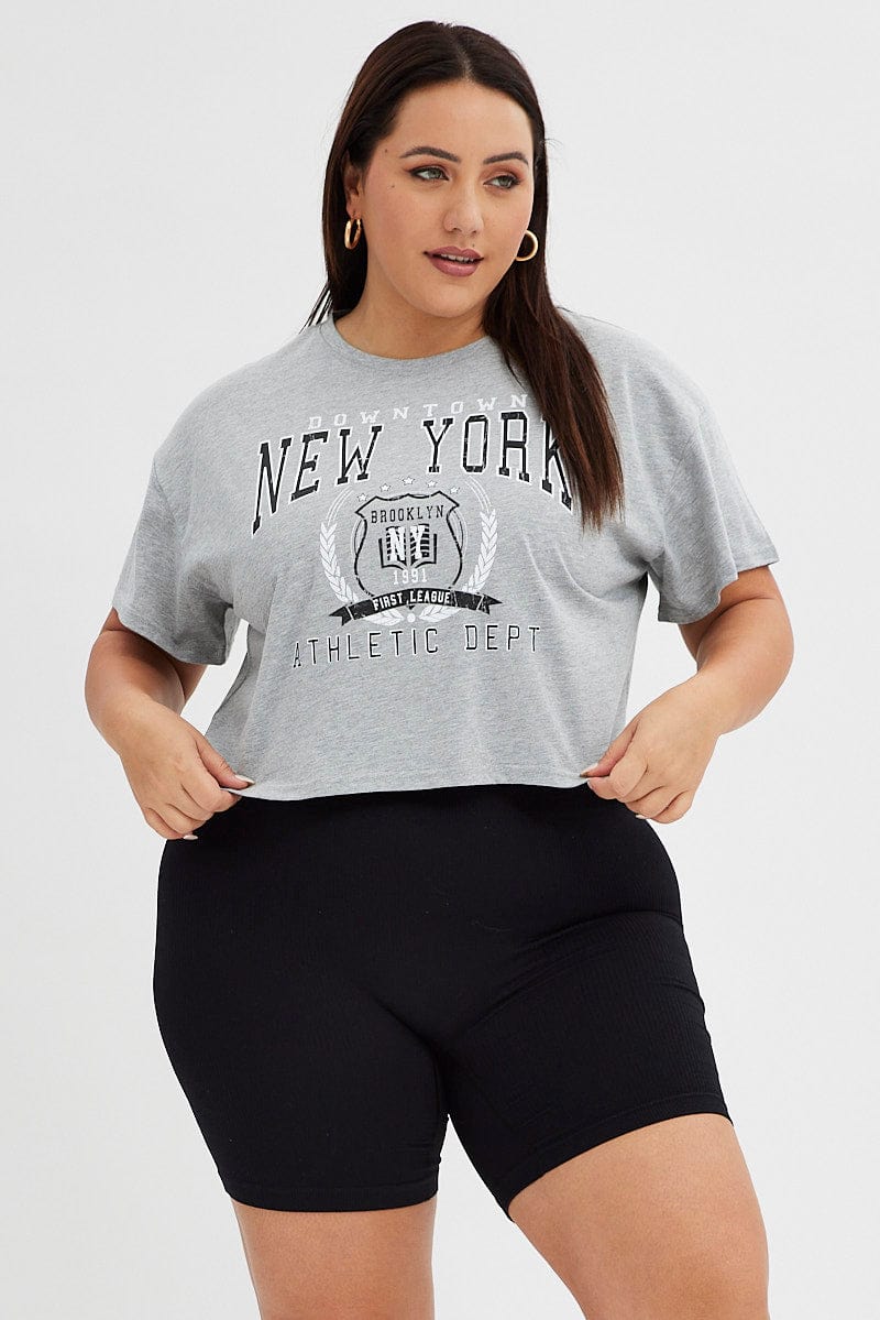 Grey Graphic T-Shirt New York Print Crop Short Sleeve for YouandAll Fashion