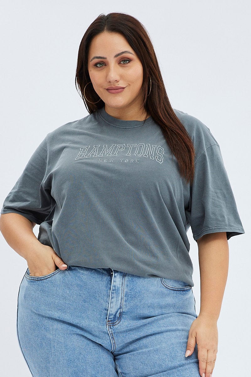 Grey Graphic Tee Short Sleeve Washed Hamptons for YouandAll Fashion