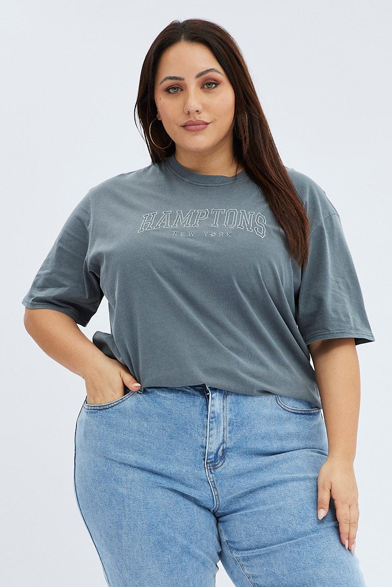 Grey Graphic Tee Short Sleeve Washed Hamptons for YouandAll Fashion