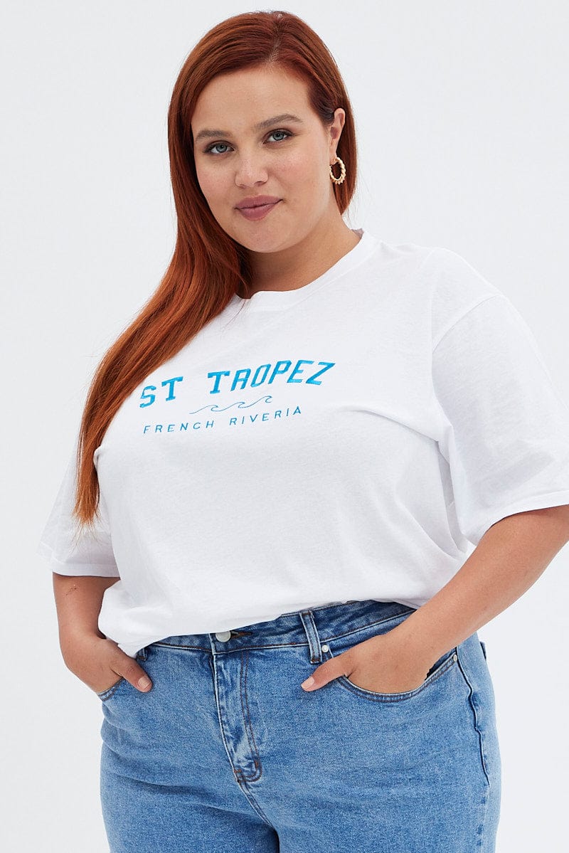 White Graphic T-Shirt Embroidered St Tropez for YouandAll Fashion