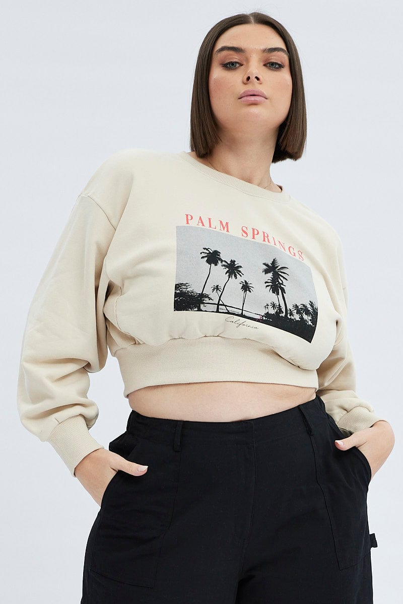 White Cropped Sweatshirt Palm Springs Print Fleece for YouandAll Fashion