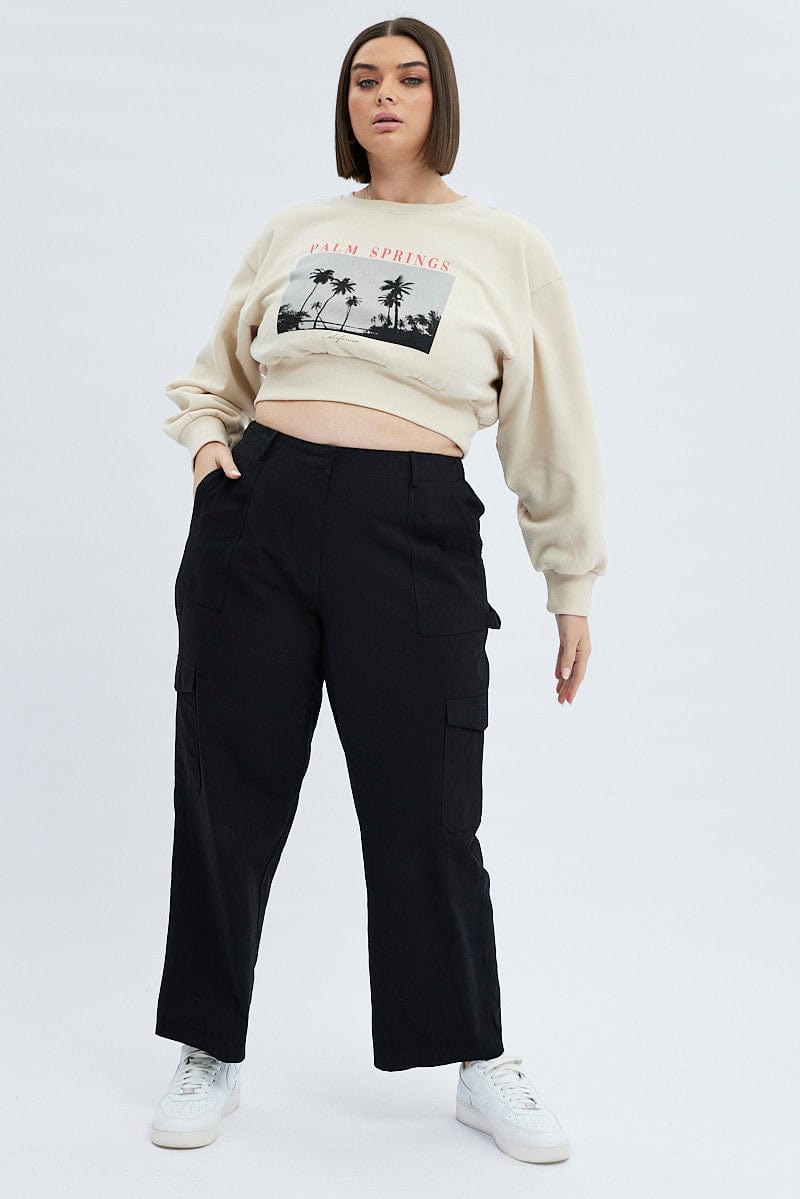 White Cropped Sweatshirt Palm Springs Print Fleece for YouandAll Fashion