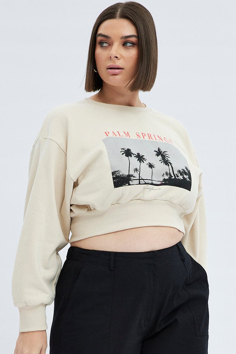 White Cropped Sweatshirt Palm Springs Print Fleece for YouandAll Fashion