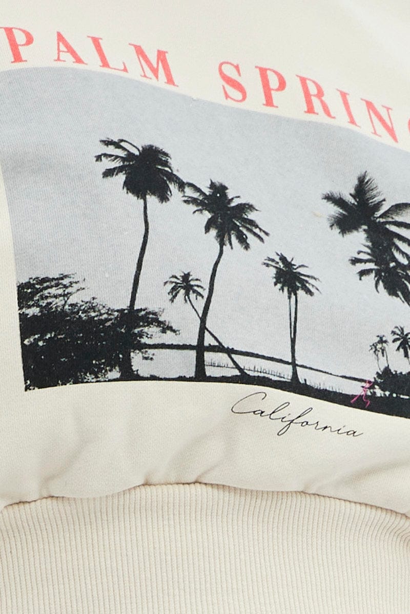 White Cropped Sweatshirt Palm Springs Print Fleece for YouandAll Fashion