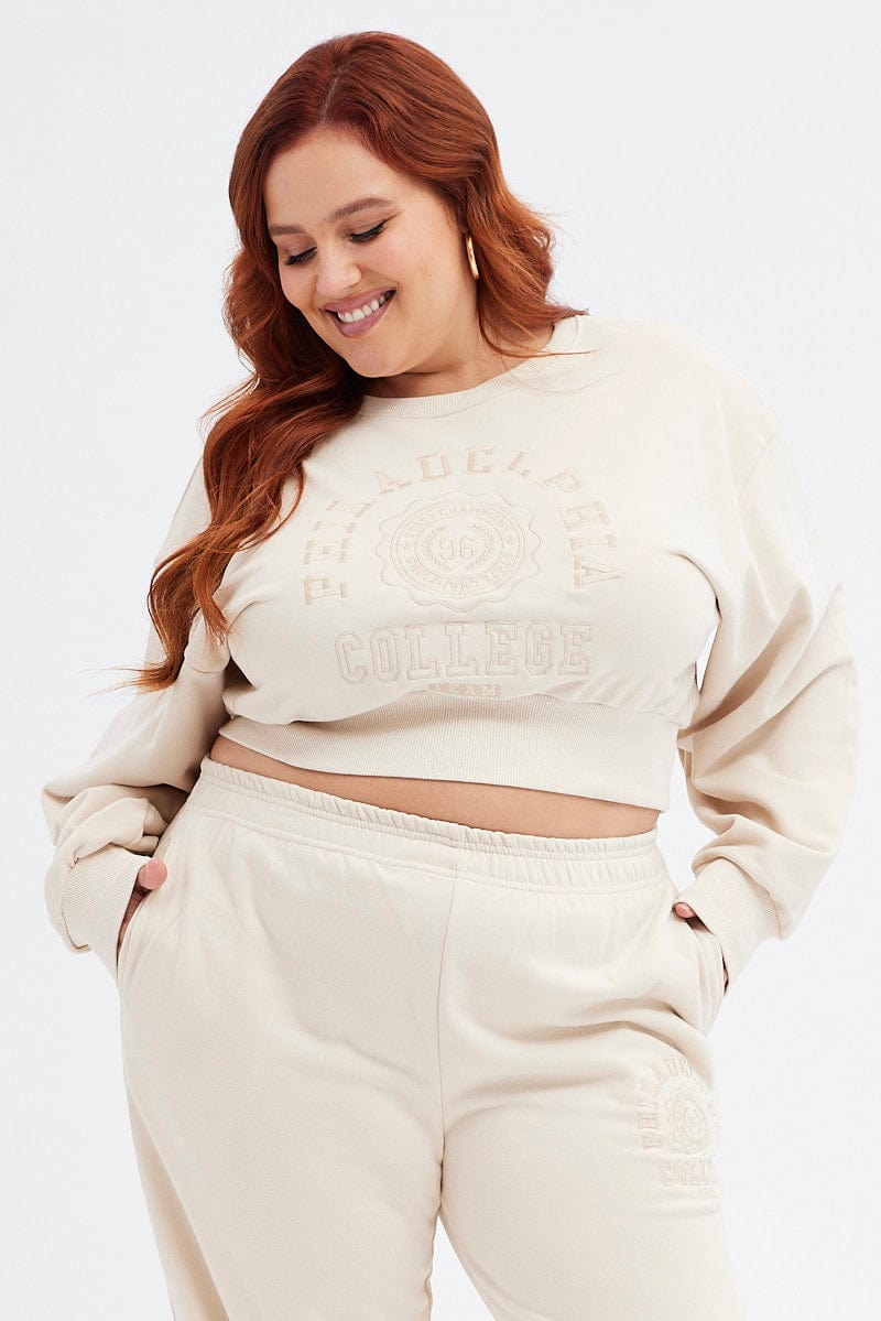 Beige Cropped Sweatshirt Philadelphia Embroidered Fleece for YouandAll Fashion